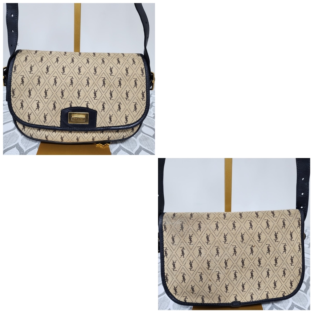 Yves Saint LaurentBeige/Navy Canvas Monogram Satchel Crossbody Bag - Picture 5 of 14